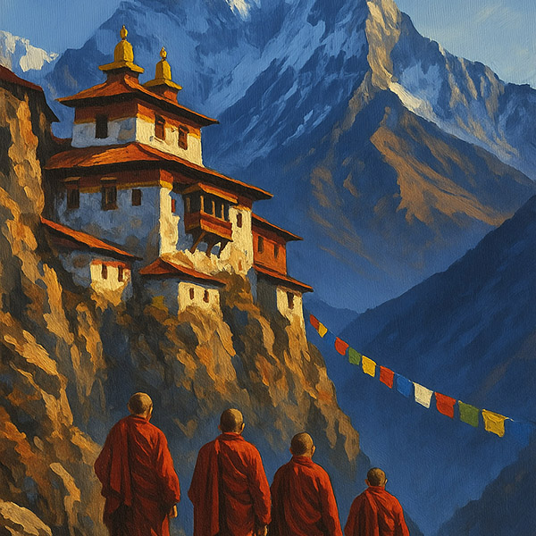 Mantra KI Illustration Gebirgskloster mit Mönchen