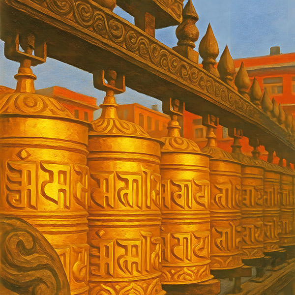 Mantra KI Illustration Gebetsmühlen